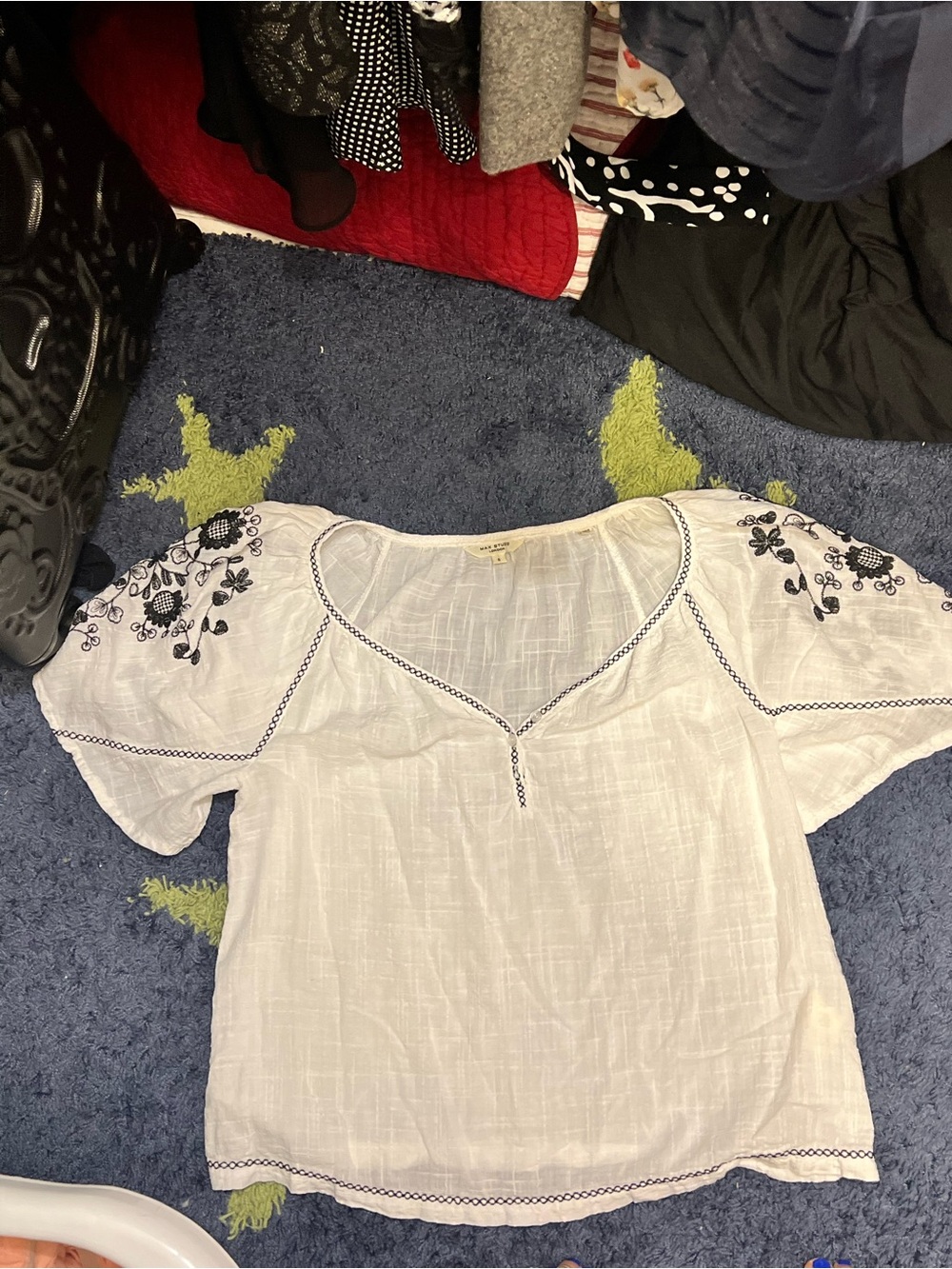 Max Studio White Peasant Top with Navy Floral Embroidery